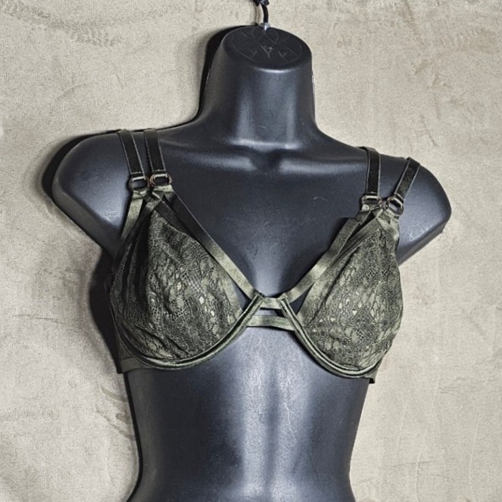 Victorias Secret Very Sexy Unlined Plunge Bra Olive Green Lace Strappy 38D